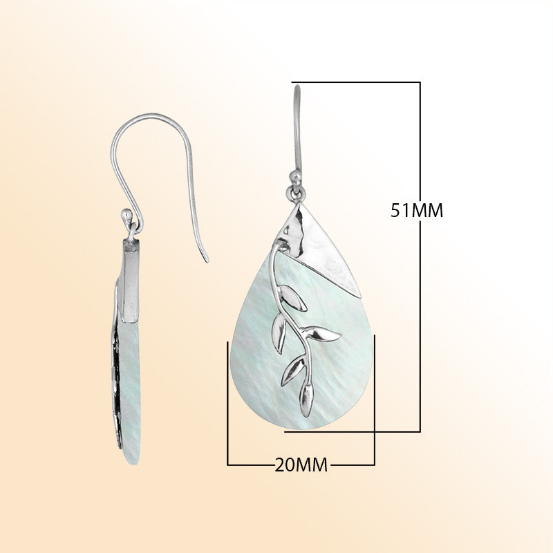 Sterling Silver White Shell Leaf Drop Earrings Handcrafted In Bali Indonesia