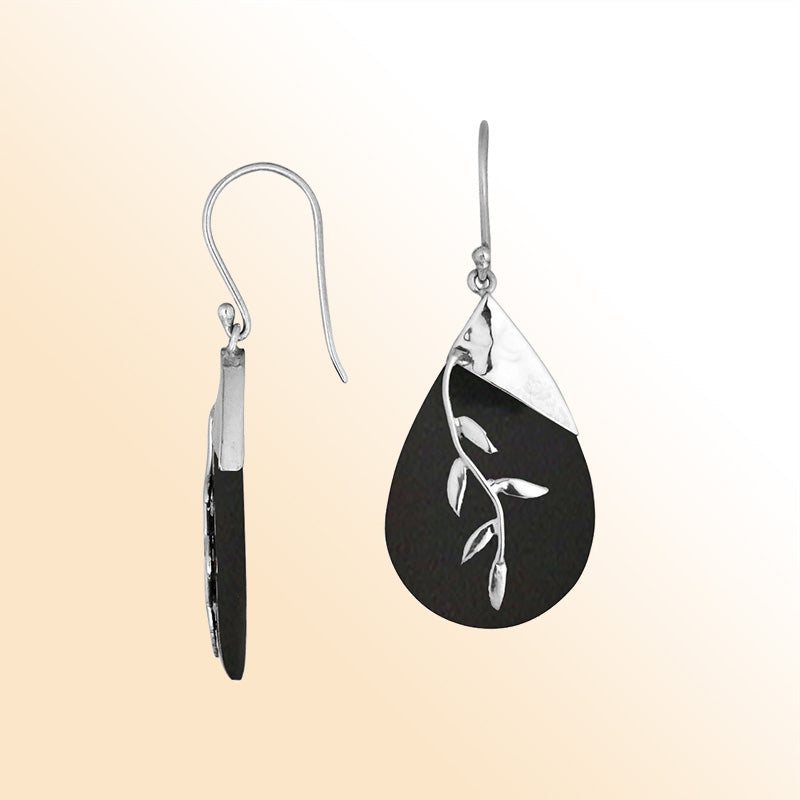 Artisan Sterling Silver Earrings With Black Shell Teardrop And Leaf Vine Design.