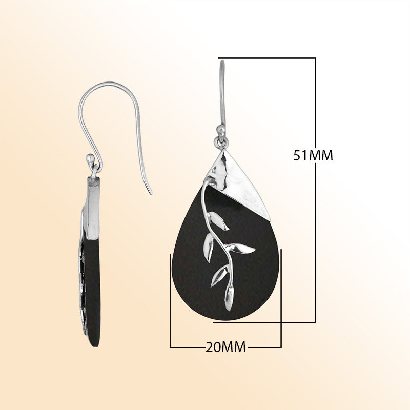 Artisan Sterling Silver Earrings With Black Shell Teardrop And Leaf Vine Design.