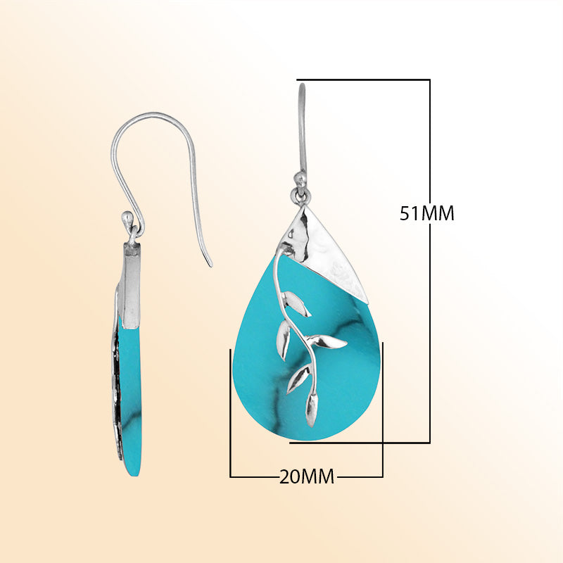 Artisan Sterling Silver Earrings With Turquoise Shell Teardrop And Leaf Vine Design.