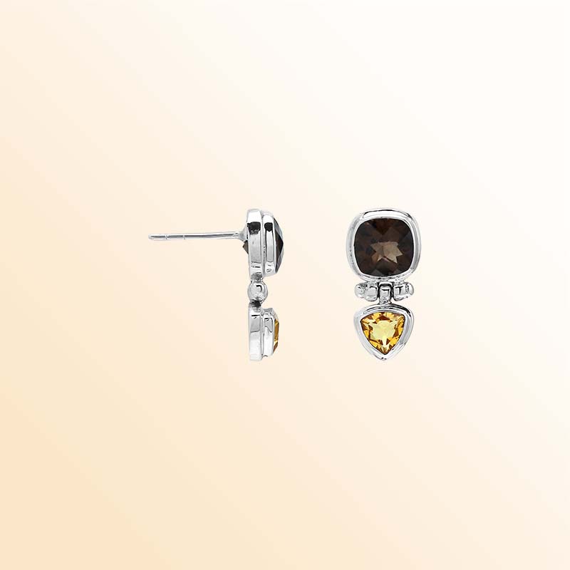 Artisan Sterling Silver Earrings With Cushion Smoky Quartz And Trilliant Citrine Quartz Drop.