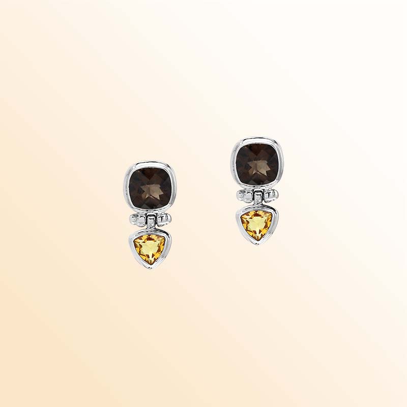 Artisan Sterling Silver Earrings With Cushion Smoky Quartz And Trilliant Citrine Quartz Drop.