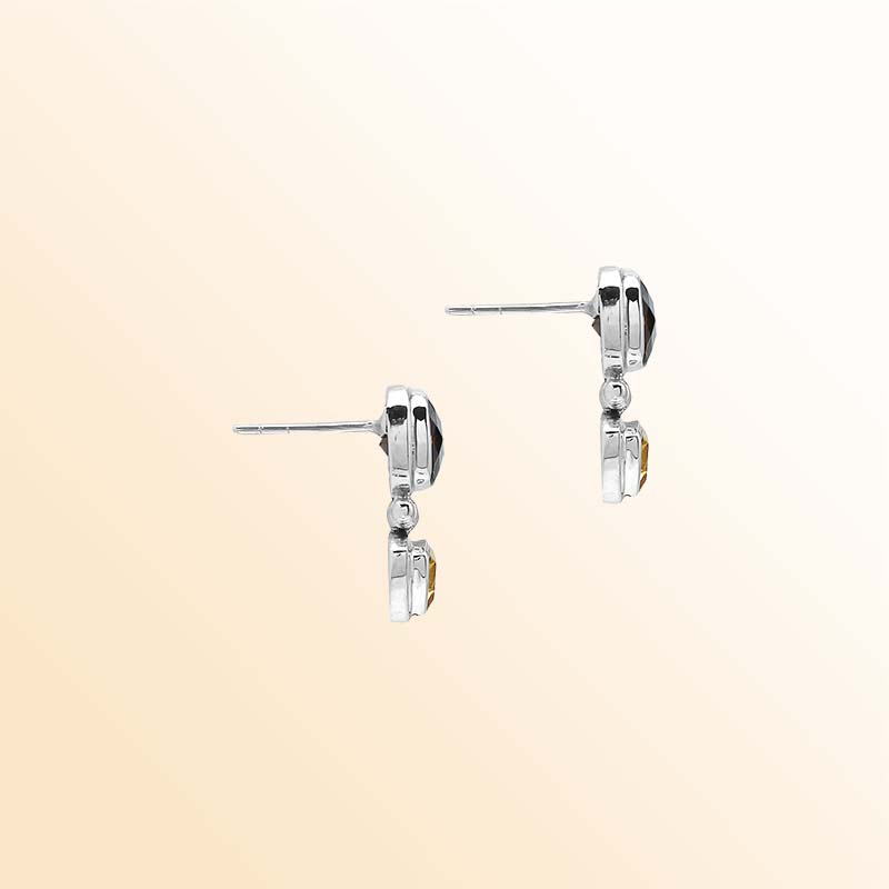 Artisan Sterling Silver Earrings With Cushion Smoky Quartz And Trilliant Citrine Quartz Drop.