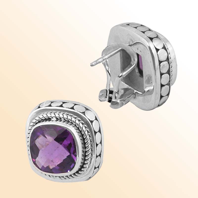 Artisan Sterling Silver Clip-On Earrings With Amethyst Quartz Cushion And Braided Dotted Border.