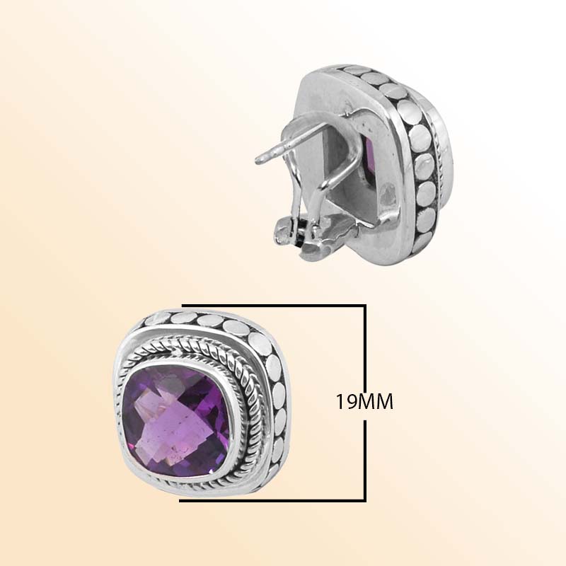 Artisan Sterling Silver Clip-On Earrings With Amethyst Quartz Cushion And Braided Dotted Border.
