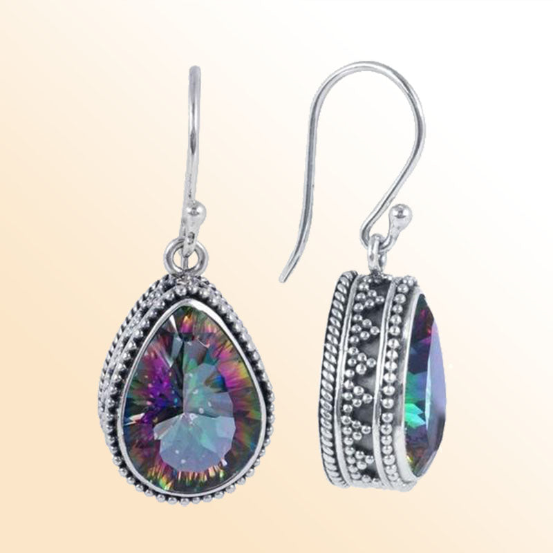 Artisan Sterling Silver Teardrop Earrings With Mystic Topaz Quartz And Beaded Silver Border.