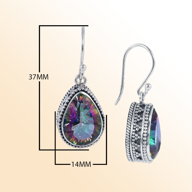 Artisan Sterling Silver Teardrop Earrings With Mystic Topaz Quartz And Beaded Silver Border.