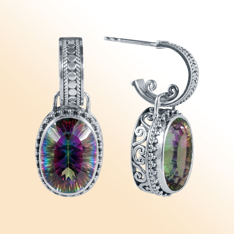 Artisan Sterling Silver Oval Earrings With Mystic Quartz And Vintage Scrollwork.