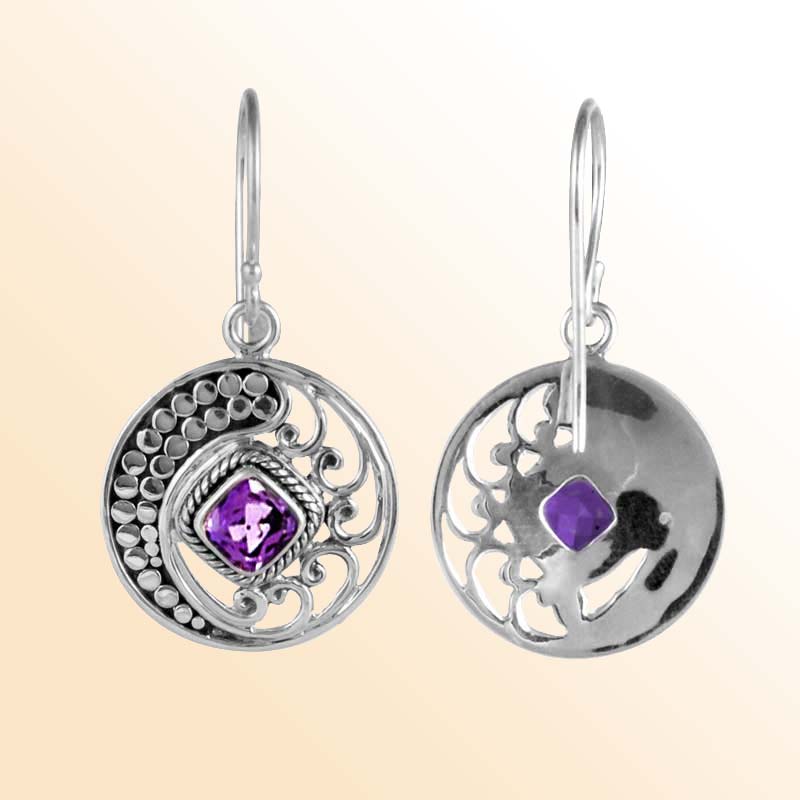 Artisan Sterling Silver Disc Earrings With Amethyst Quartz Square Center And Swirl Filigree.