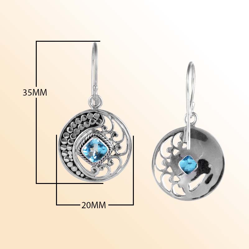 Artisan Sterling Silver Disc Earrings With Blue Topaz Quartz Square Center And Swirl Filigree.