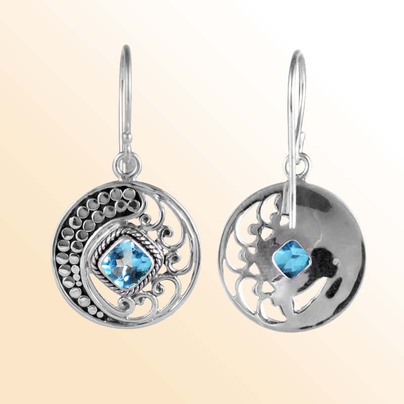Artisan Sterling Silver Disc Earrings With Blue Topaz Quartz Square Center And Swirl Filigree.