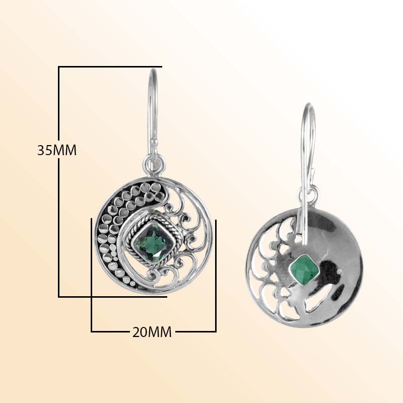 Artisan Sterling Silver Disc Earrings With Green Quartz Square Center And Swirl Filigree.