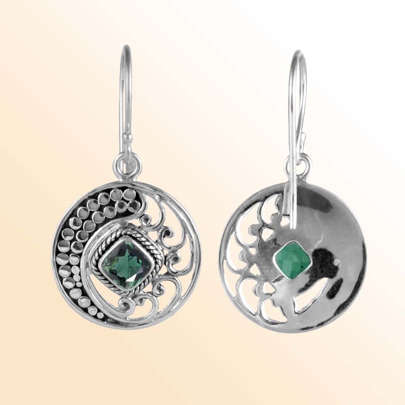 Artisan Sterling Silver Disc Earrings With Green Quartz Square Center And Swirl Filigree.