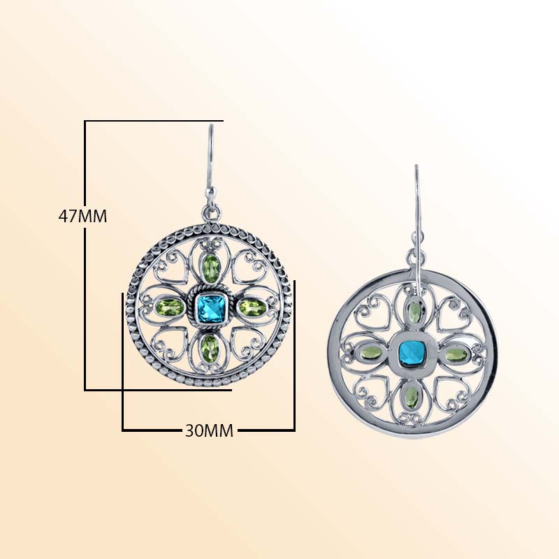 Artisan Sterling Silver Mandala Earrings With Blue Topaz Quartz Center And Peridot Quartz Accents.