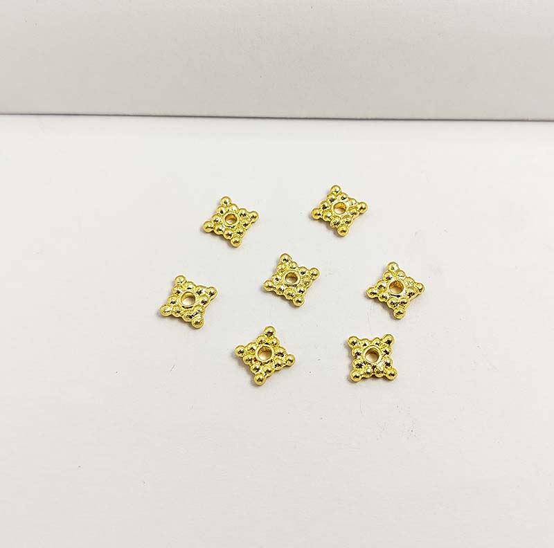 18K Gold Overlay Over Copper handcrafted square spacer bead from India with beaded design and polished gold finish for jewelry making.