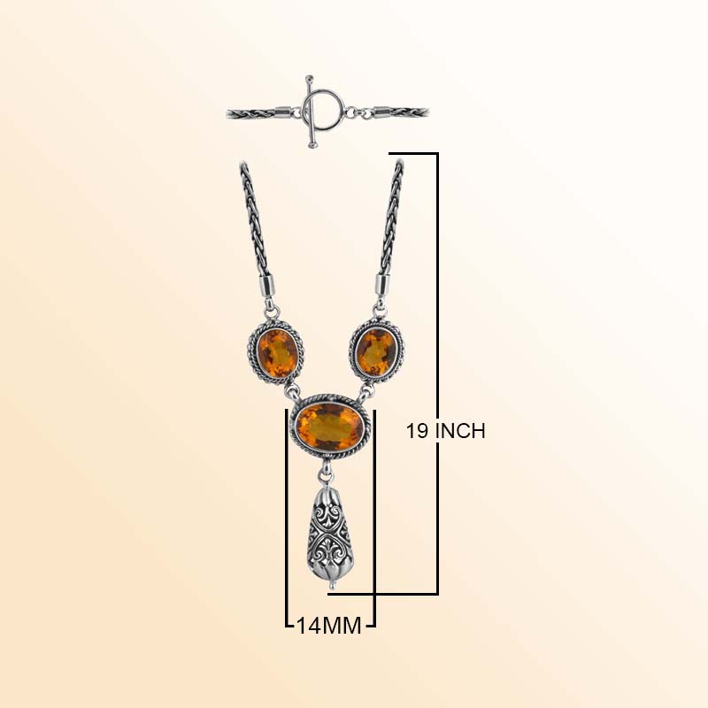 Handcrafted Sterling Silver Bali Citrine Quartz Pendant Necklace With Reflective Finish And Drop Accent.