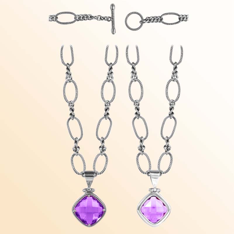 Handcrafted Sterling Silver Bali Amethyst Quartz Cushion Pendant Necklace With Reflective Finish.