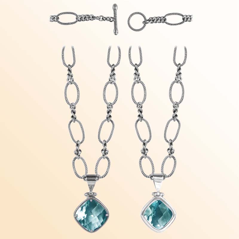 Handcrafted Sterling Silver Bali Blue Topaz Quartz Cushion Pendant Necklace With Reflective Finish.
