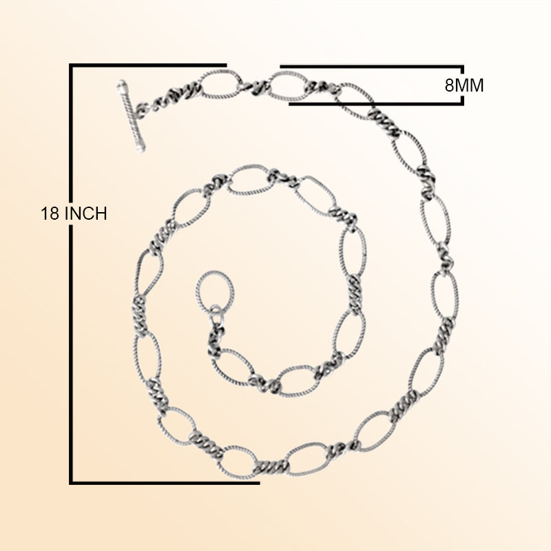 Handcrafted Sterling Silver Bali Twisted Oval Link Necklace Chain With Reflective Finish.