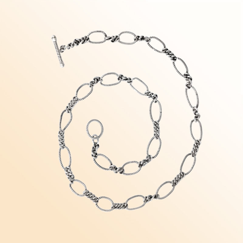 Handcrafted Sterling Silver Bali Twisted Oval Link Necklace Chain With Reflective Finish.