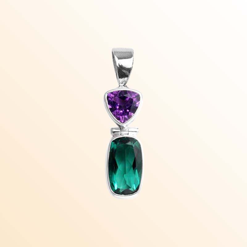 Handcrafted Sterling Silver Pendant With Amethyst And Green Quartz In A Sleek Vertical Design.