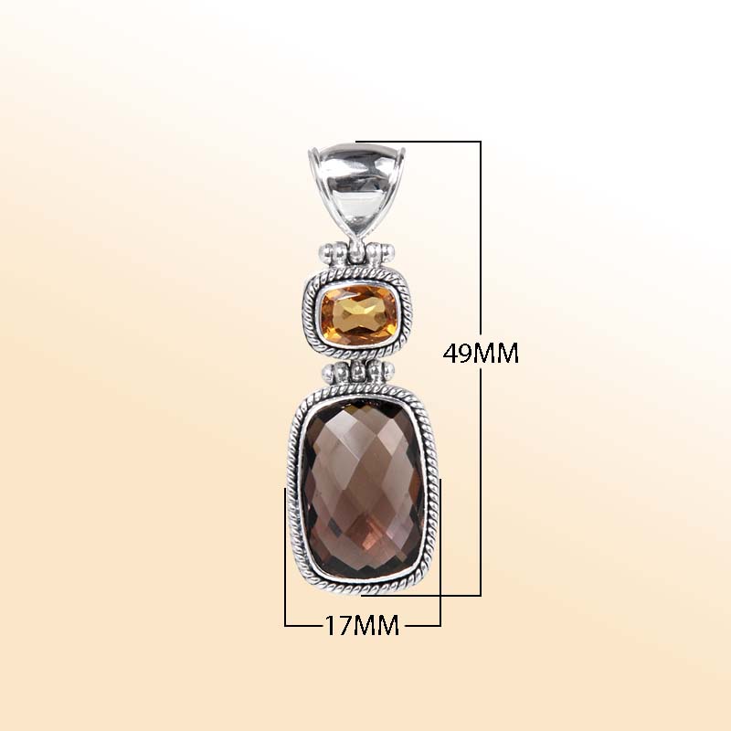 Handcrafted Sterling Silver Pendant With Citrine And Smoky Quartz In Antique Rope-Edge Frames.