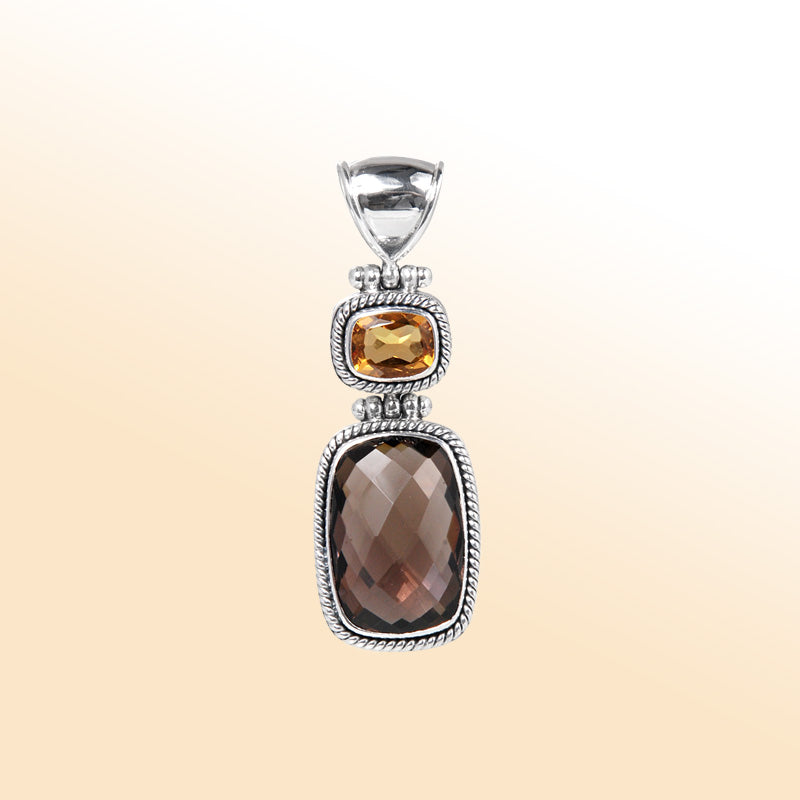 Handcrafted Sterling Silver Pendant With Citrine And Smoky Quartz In Antique Rope-Edge Frames.