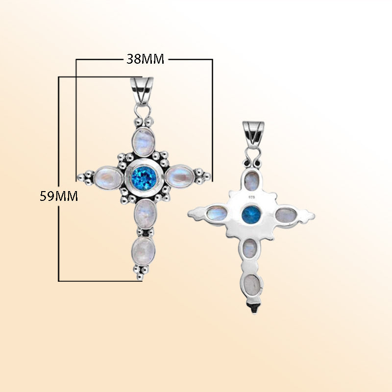 Handcrafted Sterling Silver Cross Pendant With Blue Topaz Quartz And Rainbow Moonstone Accents.