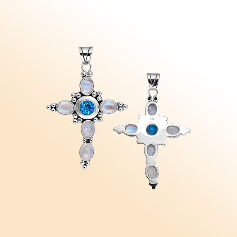 Handcrafted Sterling Silver Cross Pendant With Blue Topaz Quartz And Rainbow Moonstone Accents.