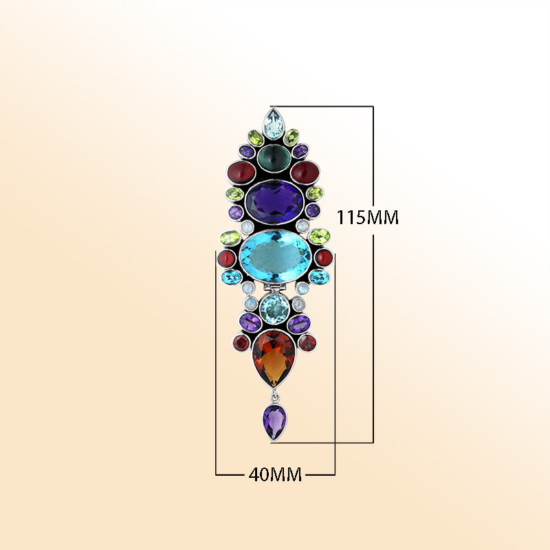 Handcrafted Sterling Silver Vertical Pendant With Multi-Stone Quartz And Balinese Handicraft Detailing.