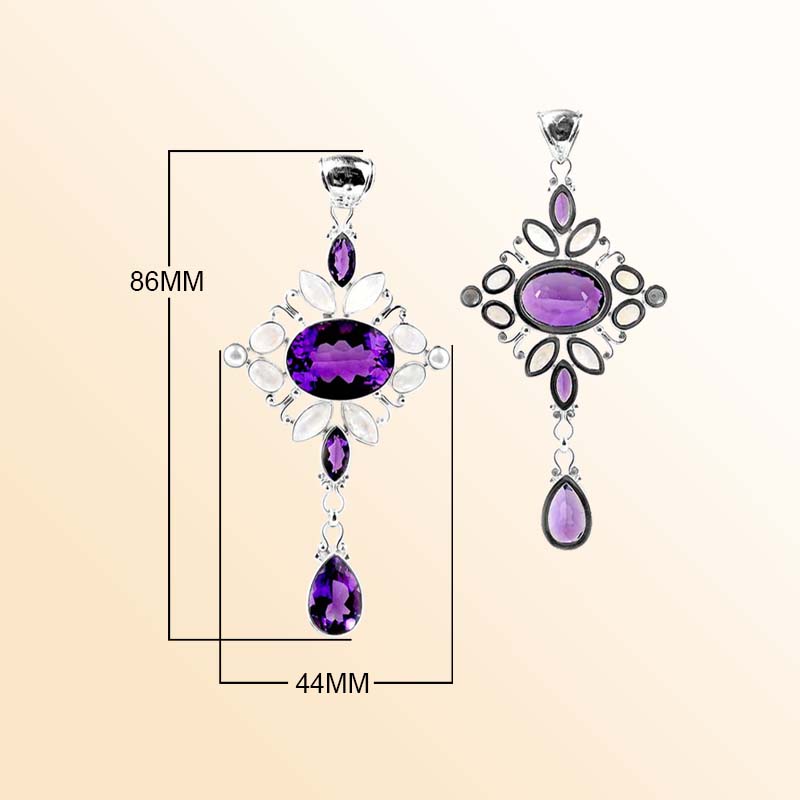 Handcrafted Sterling Silver Pendant With Amethyst Quartz, Rainbow Moonstone And Mother Of Pearl.