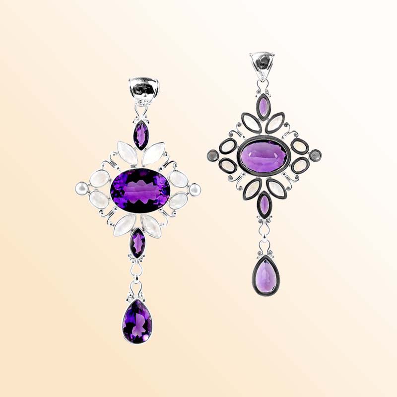 Handcrafted Sterling Silver Pendant With Amethyst Quartz, Rainbow Moonstone And Mother Of Pearl.