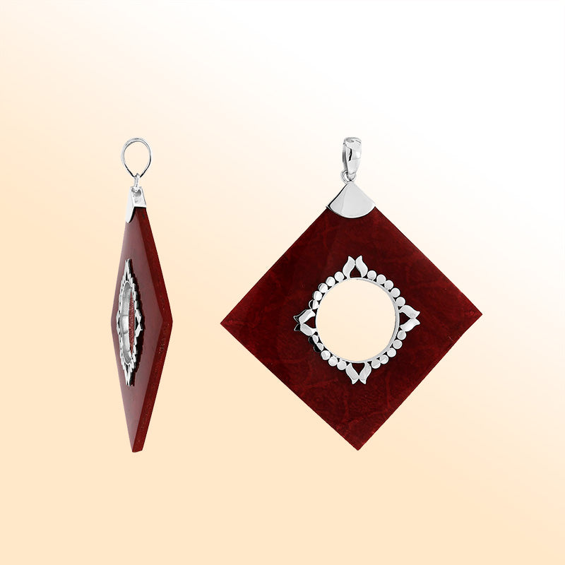 Handcrafted Sterling Silver Square Pendant With Red Coral And Central Silver Medallion.