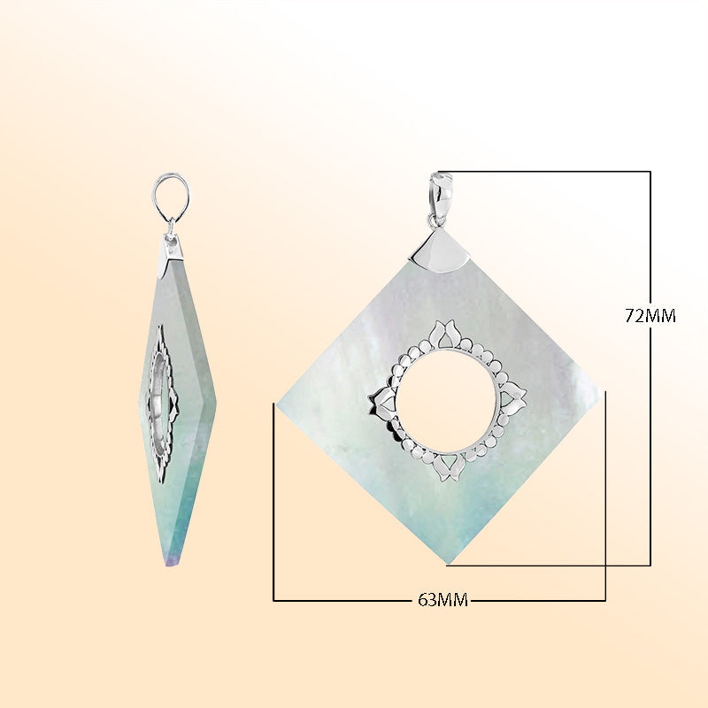 Handcrafted Sterling Silver Square Pendant With Mother Of Pearl And Central Silver Medallion.