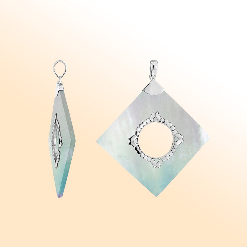 Handcrafted Sterling Silver Square Pendant With Mother Of Pearl And Central Silver Medallion.