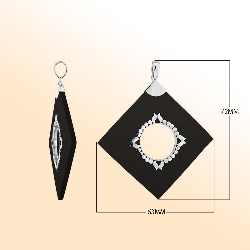 Handcrafted Sterling Silver Square Pendant With Black Shell And Central Silver Medallion.