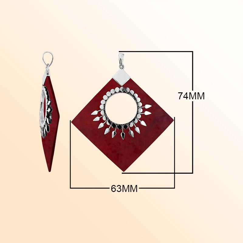 Handcrafted Sterling Silver Diamond Pendant With Red Coral And Sunburst Medallion.
