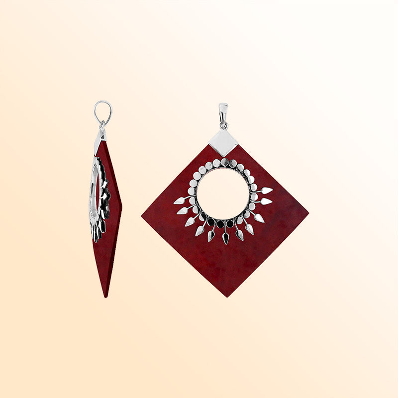 Handcrafted Sterling Silver Diamond Pendant With Red Coral And Sunburst Medallion.