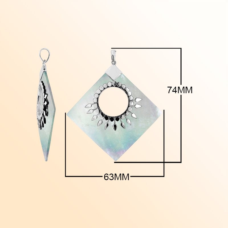 Handcrafted Sterling Silver Diamond Pendant With Mother Of Pearl And Sunburst Medallion.