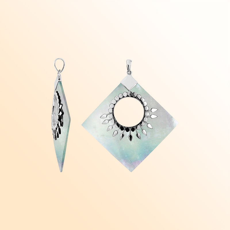 Handcrafted Sterling Silver Diamond Pendant With Mother Of Pearl And Sunburst Medallion.
