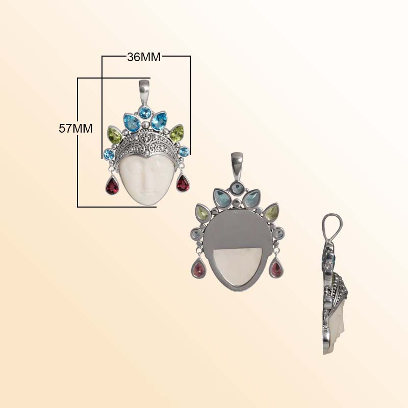Handcrafted Sterling Silver Bone Face Pendant With Multi Quartz Crown And Balinese Motifs.
