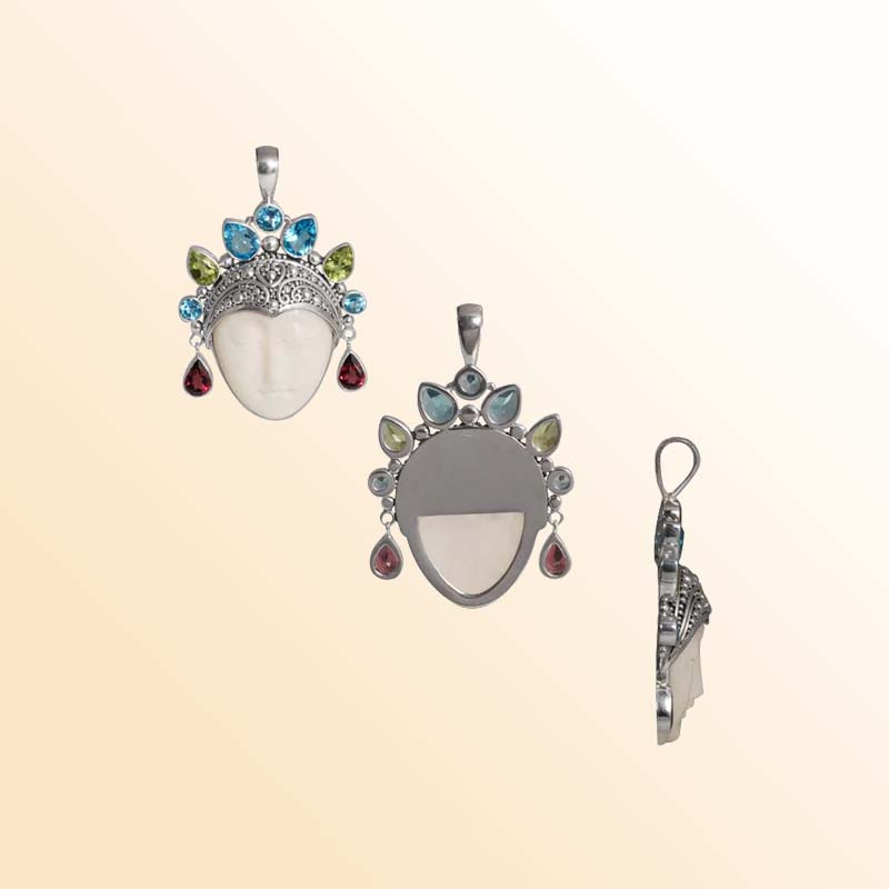 Handcrafted Sterling Silver Bone Face Pendant With Multi Quartz Crown And Balinese Motifs.