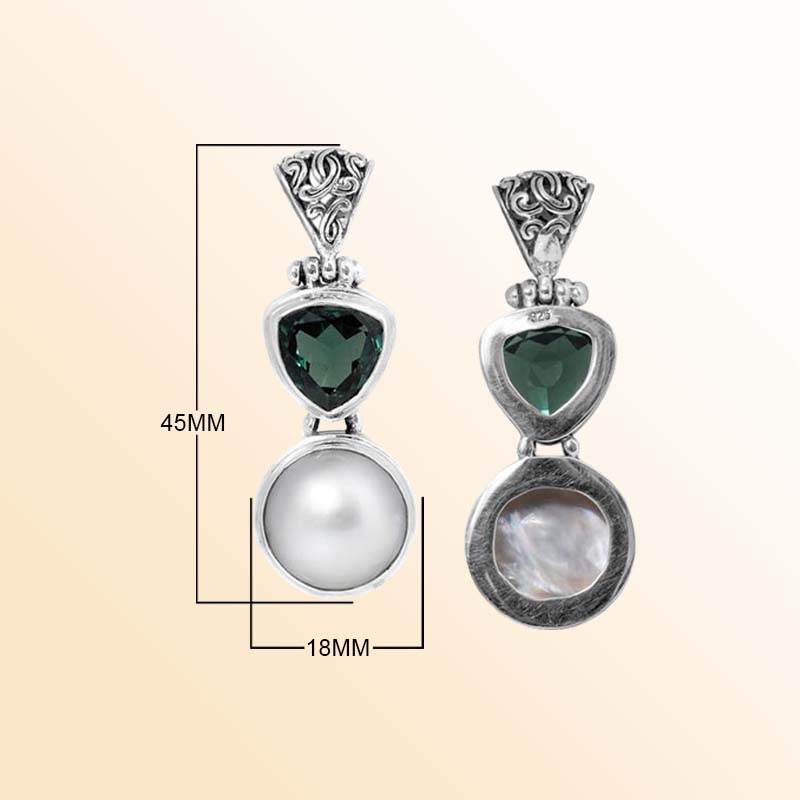 Balinese Sterling Silver Pendant With Green Quartz And Mabe Pearl Dual-Stone Design.