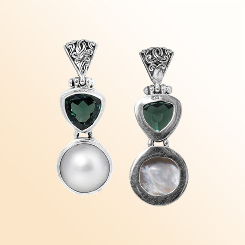 Balinese Sterling Silver Pendant With Green Quartz And Mabe Pearl Dual-Stone Design.