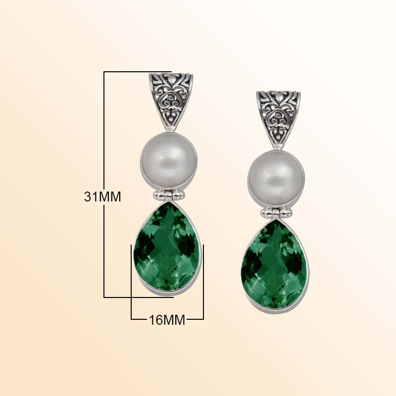 Balinese Sterling Silver Pendant With Mabe Pearl And Green Quartz In Teardrop Design.
