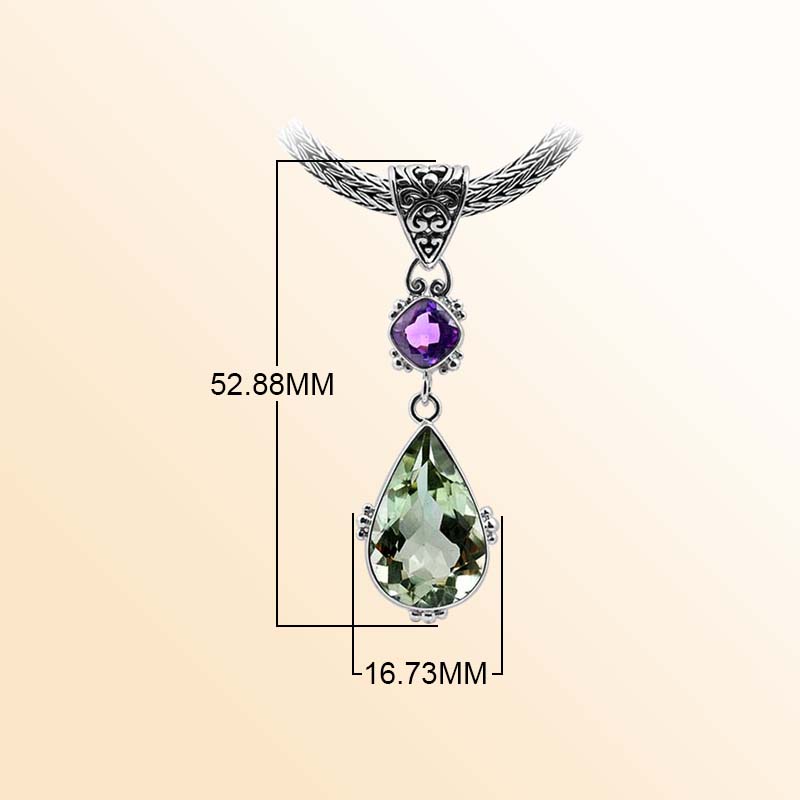 Balinese Sterling Silver Pendant With Amethyst Quartz And Green Amethyst Quartz In Teardrop Design.