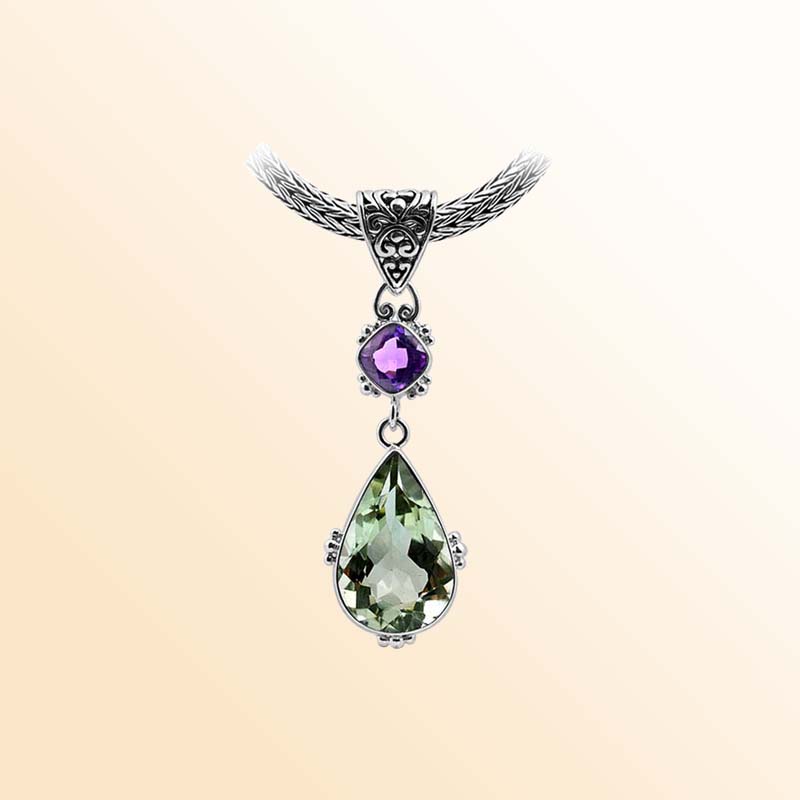 Balinese Sterling Silver Pendant With Amethyst Quartz And Green Amethyst Quartz In Teardrop Design.