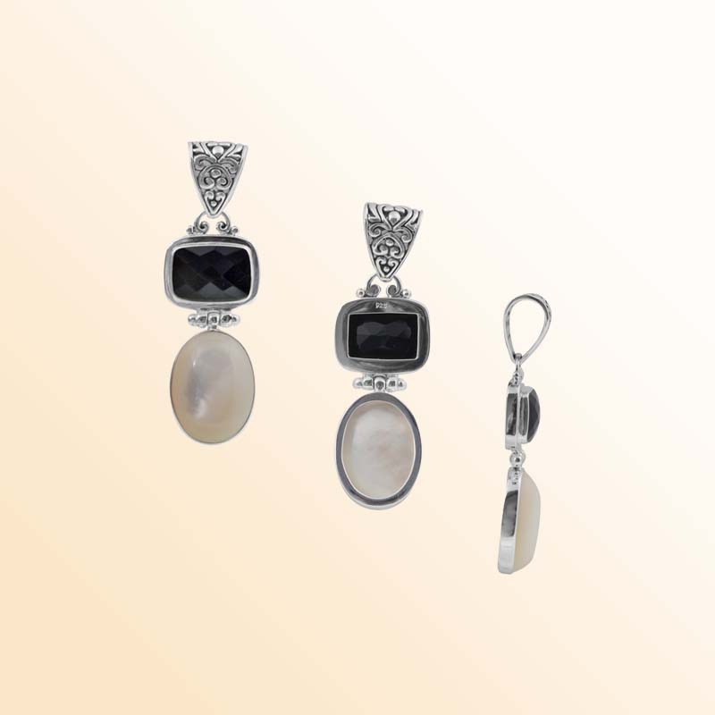 Balinese Sterling Silver Pendant With Black Onyx And Mother of Pearll In Dual-Stone Design.