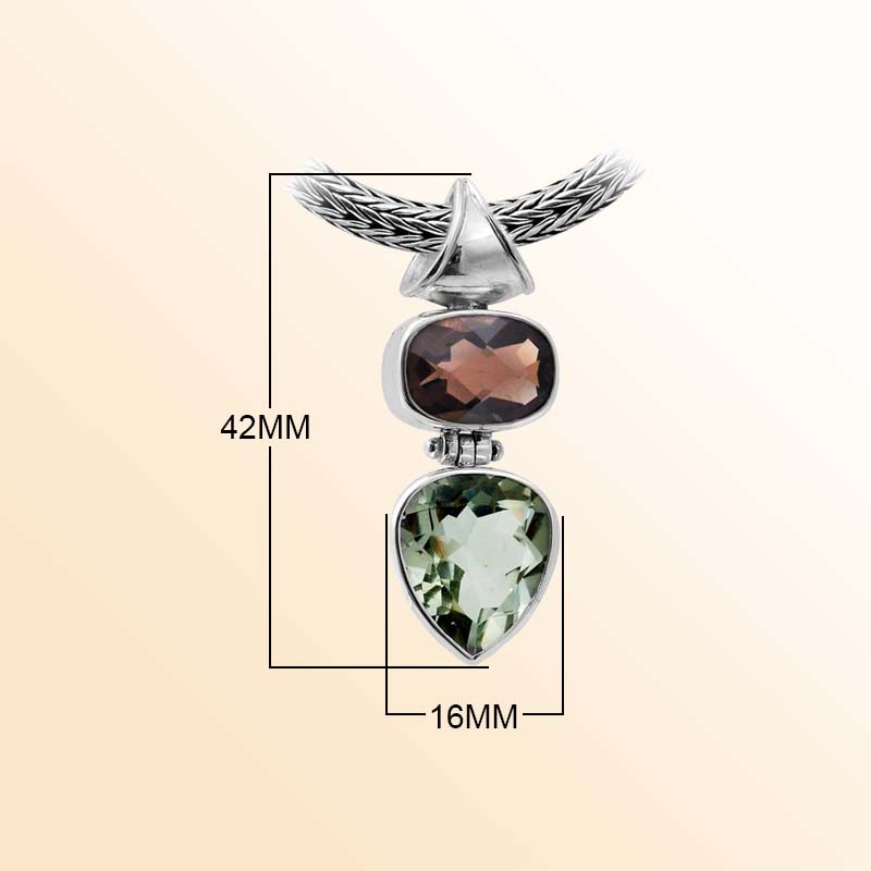 Balinese Sterling Silver Pendant With Smoky Quartz And Green Amethyst Quartz In Dual-Stone Design.