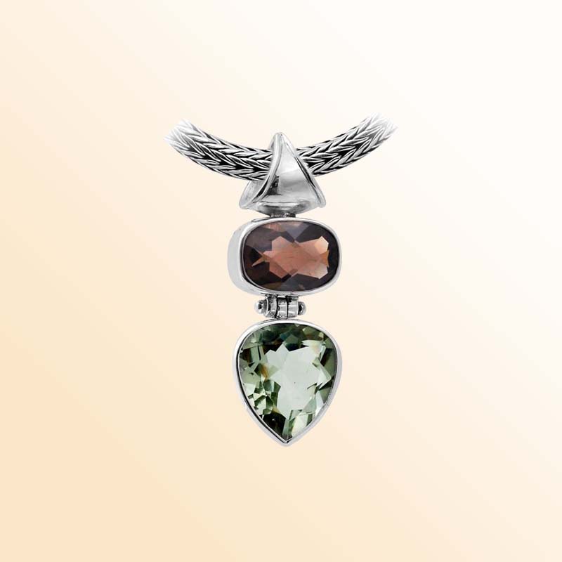 Balinese Sterling Silver Pendant With Smoky Quartz And Green Amethyst Quartz In Dual-Stone Design.
